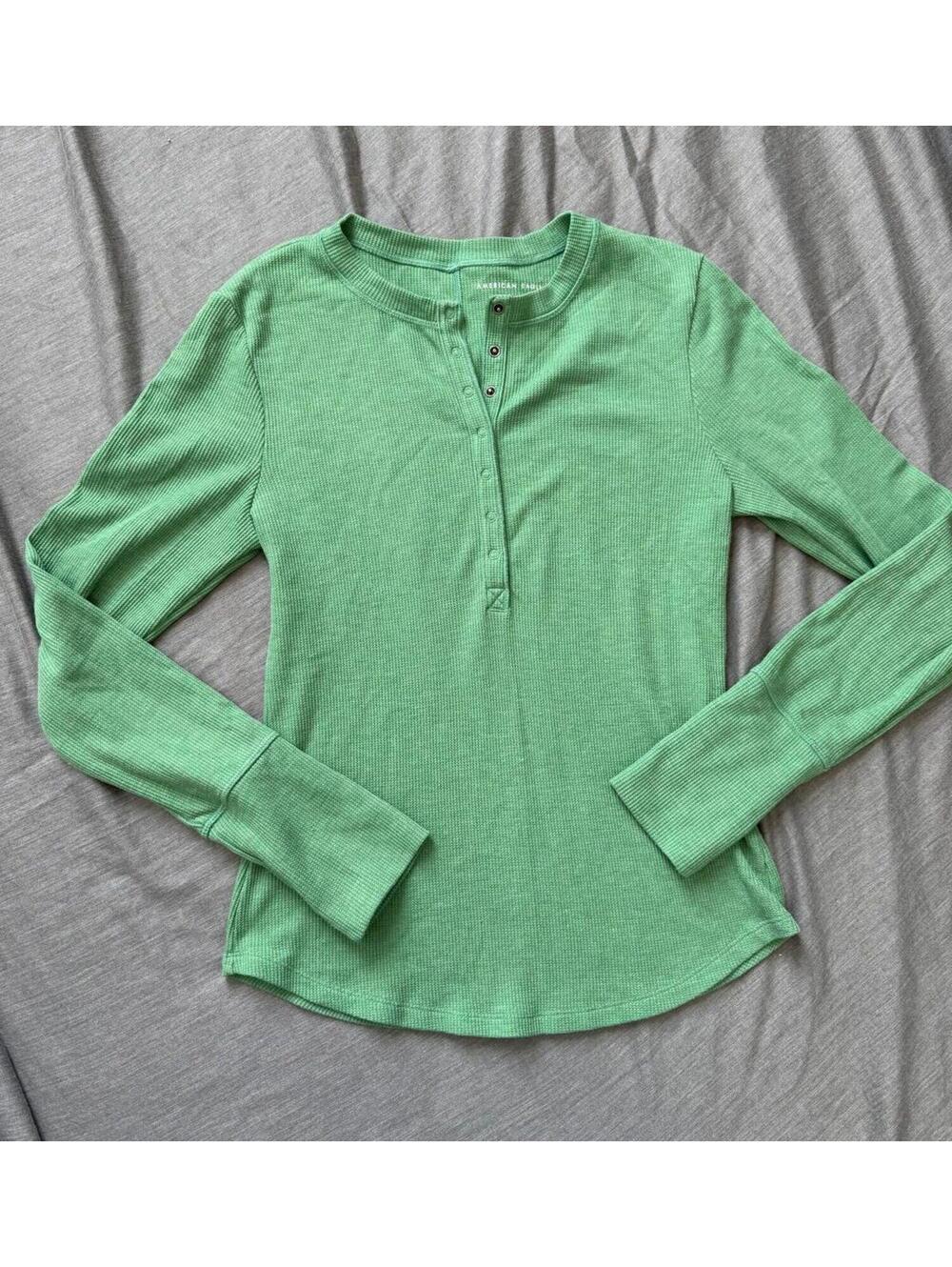American Eagle Womens Long Sleeve Waffle Henley Long Sleeve Off Green Size Large